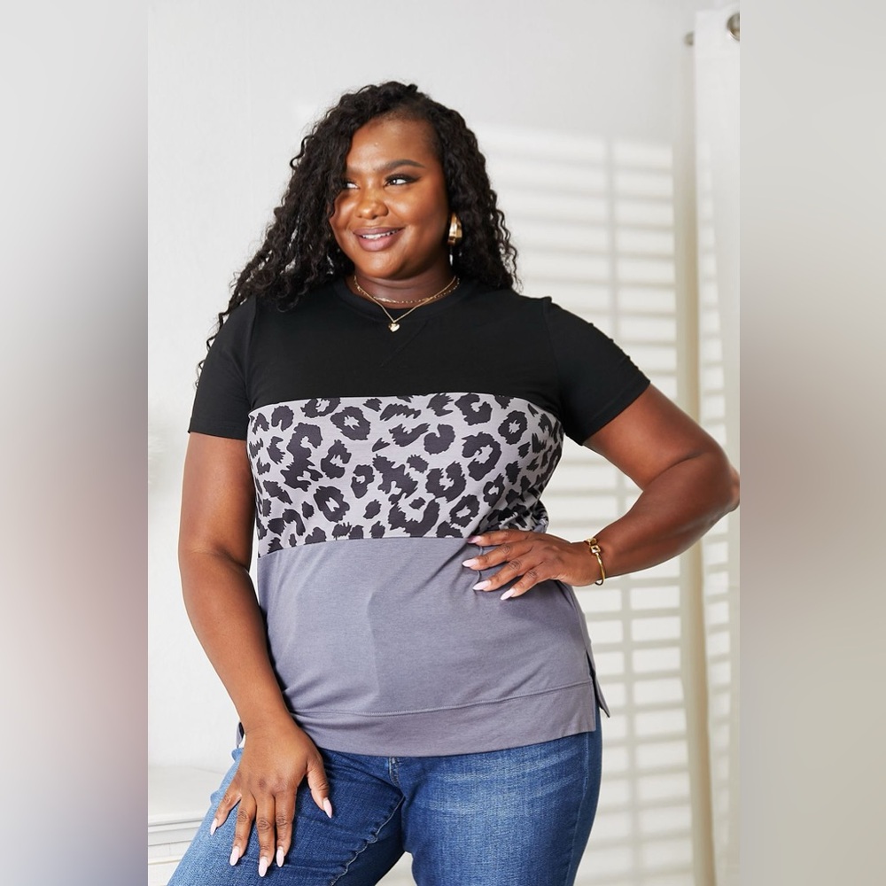 Double Take Leopard Print Color Block Short Sleeve T-Shirt